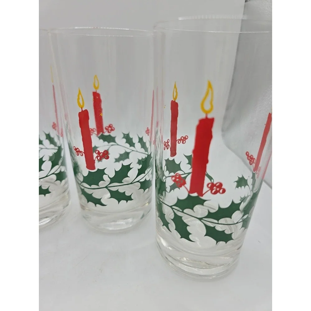 Vintage Christmas Tumbler Glasses Holly & Candle Print Holiday MCM Set Of 4